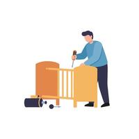 Person assembling a wooden crib in flat art style with tools and materials vector