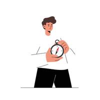 Man holding a stopwatch in a flat illustration style for time management concepts vector