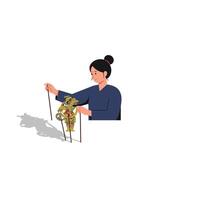 Woman manipulating a puppet in a playful pose, flat design art vector