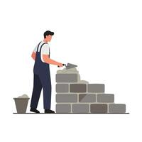 Construction worker building a wall with bricks in flat art style vector