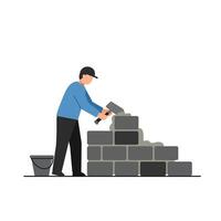 Construction worker building a wall with bricks in flat art vector