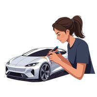 Artist creating detailed design on a sleek sports car in flat art vector
