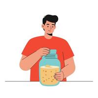 Man holding jar filled with ingredients in flat illustration style art vector