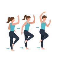 Woman performing dance moves in three frames, flat design art vector