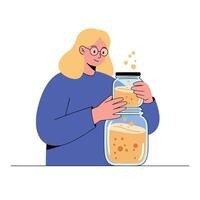 Woman interacting with jars in modern flat design art vector