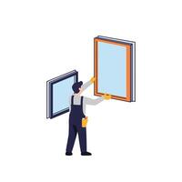 Worker installing a new window frame in flat art style illustration vector