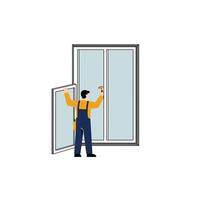 Worker installing window frame in flat design style art vector