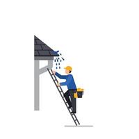 Worker on Ladder Fixing Roof Gutter in Flat Art Style vector