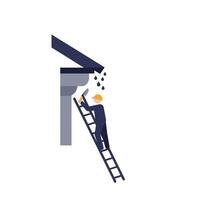 Worker fixing gutter on ladder in flat art illustration vector