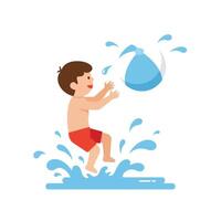 Child playing joyfully with beach ball in water, flat illustration vector