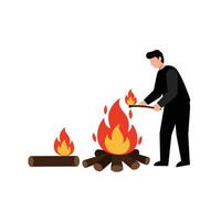 Campfire scene with person adding logs in minimal art vector