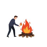 Man igniting a campfire with flames and logs in flat art vector