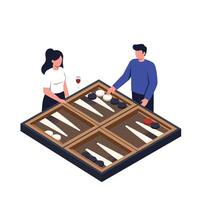 Two players engaged in a backgammon game in flat art style illustration vector