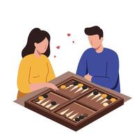 Couple Playing Backgammon in Flat Minimalist Art Style with Hearts vector