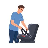 Man securing child car seat in vehicle with flat design art vector