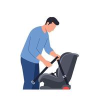 Man securing child car seat in vehicle using flat illustration style vector