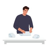 Man folding a sheet of paper in a modern flat illustration vector