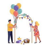 Two cheerful characters preparing a festive scene with balloons and decorations in flat art vector
