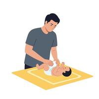 Father changing babys diaper on a changing table in flat art vector
