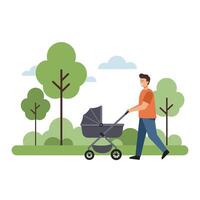 Father joyfully pushing stroller through a park in flat art vector