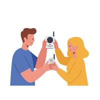 People exchanging smart devices in a modern flat design art vector