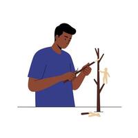 Person carving figures from wood in minimal style art vector