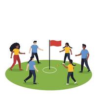 Group of people playing a game on a green field in flat art vector