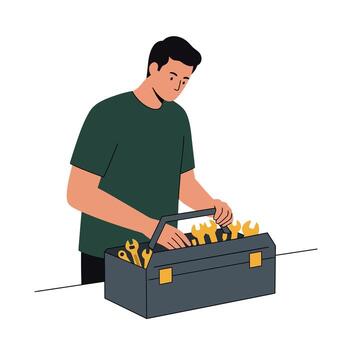Person opening toolbox with tools in flat design art vector