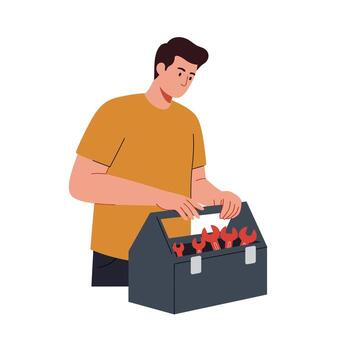 A Person organizing tools in a toolbox with flat design art vector