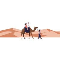 Camel riding through desert with travelers in flat art style illustration vector