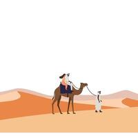 Camel riding adventure in desert landscape with minimal style art vector