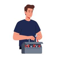 Man using tools from a toolbox in flat art style vector