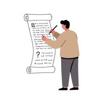 Person writing on a scroll with a question mark in flat art vector