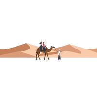 Camel ride through desert dunes in flat art style with travelers and local guide illustration vector