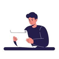 Person reading a document with focused expression in flat art vector