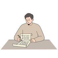 Person writing notes on a scroll in a minimal illustration vector