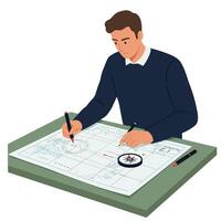 Person analyzing blueprints with compass in flat illustration style vector