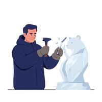 Man chiseling ice sculpture of polar bear in flat art vector