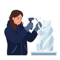 Ice sculptor creating detailed bear figure in flat art vector