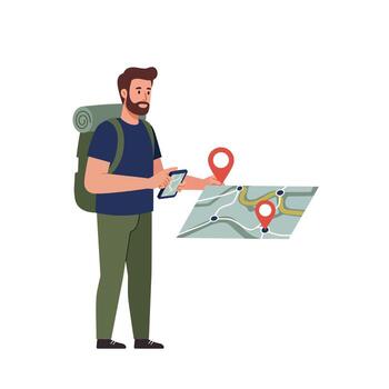 viajero utilizando teléfono inteligente con mapa en plano diseño Arte vector