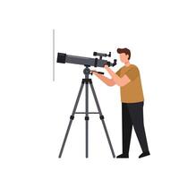 Man observing through a telescope in a flat illustration style art vector
