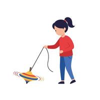 Child playing with a colorful spinning top in flat art style vector