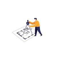 Architect using a compass on a blueprint in a flat art style vector