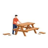 Man assembling a wooden picnic table in a flat illustration vector