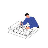Architect using compass and ruler to design detailed building plans in flat art vector