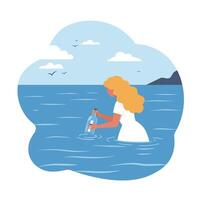 Woman in water sending message in bottle flat art vector