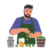 Man harvesting hops in a brewery with flat illustration style art vector