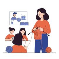 Creative knitting workshop scene featuring students learning in flat art vector