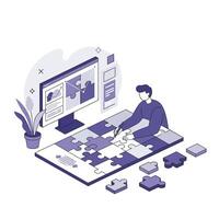 Person assembling puzzle pieces while using computer screen in flat art vector