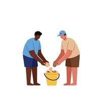 Two people gathering shells with a bucket in a flat illustration vector